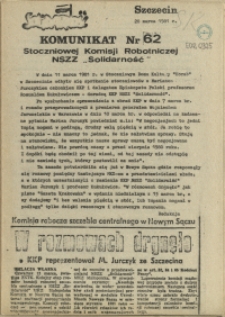 Komunikat Stoczniowej Komisji Robotniczej NSZZ "Solidarność". 1981 nr 62