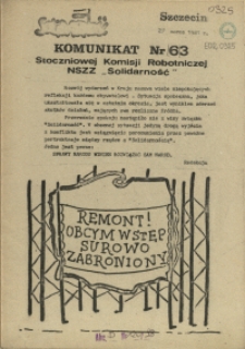 Komunikat Stoczniowej Komisji Robotniczej NSZZ "Solidarność". 1981 nr 63