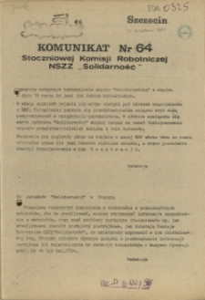 Komunikat Stoczniowej Komisji Robotniczej NSZZ "Solidarność". 1981 nr 64