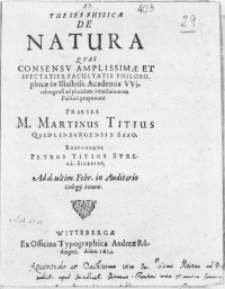 Theses physicae de natura. Quas consensv amplissimae [...] facultatis philosophicae in Illustriss. Academia Witebergensi ad placidam ventilationem