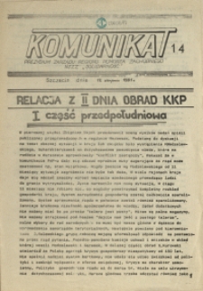 Komunikat Prezydium Zarządu Regionu Pomorza Zachodniego NSZZ "Solidarność". 1981 nr 14