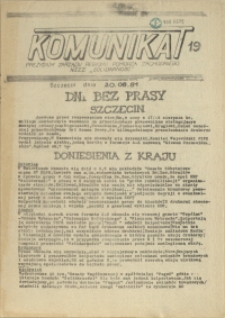 Komunikat Prezydium Zarządu Regionu Pomorza Zachodniego NSZZ "Solidarność". 1981 nr 19