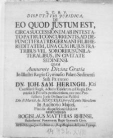 Disputatio juridica de eo quod justum est, circa successionem ab intestato patrui concurrentis [...] quam annuente divina gratia in [...] Regio Gymnasio Palaeo-Sedinensi
