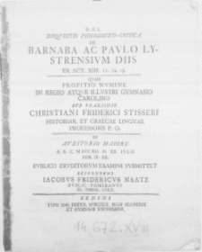 Disquisitio philologico-critica de Barnaba ac Paulo Lystrensium diis [...] quam propitio numine in [...] Gymnasio Carolino