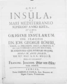 De insula, ex mari mediterraneo superiori anno edita, et simul de origine insularum