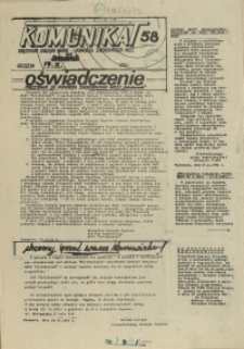 Komunikat Prezydium Zarządu Regionu Pomorza Zachodniego NSZZ "Solidarność". 1981 nr 58
