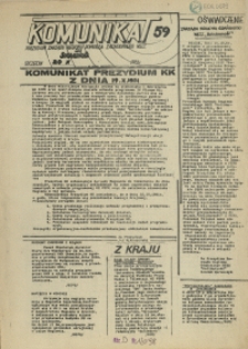 Komunikat Prezydium Zarządu Regionu Pomorza Zachodniego NSZZ "Solidarność". 1981 nr 59