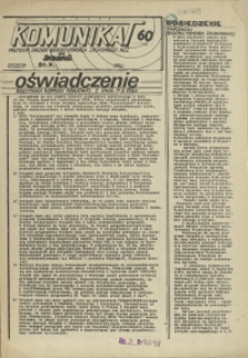 Komunikat Prezydium Zarządu Regionu Pomorza Zachodniego NSZZ "Solidarność". 1981 nr 60