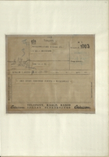 Listy Stanisława Ignacego Witkiewicza do żony Jadwigi z Unrugów Witkiewiczowej.Telegram z 08.09.1927