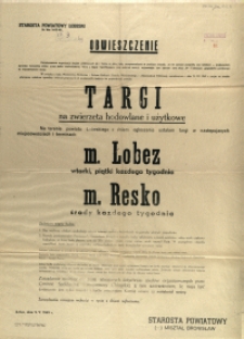 [Afisz] Obwieszczenie : [Targi na zwierzęta hodowlane i użytkowe]