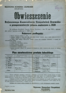 [Afisz] Obwieszczenie Rejonowego Komendanta Uzupełnień Drawsko o przeprowadzeniu poboru mężczyzn r. 1928