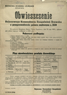 [Afisz] Obwieszczenie Rejonowego Komendanta Uzupełnień Drawsko o przeprowadzeniu poboru mężczyzn r. 1928