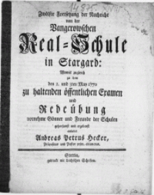 Zwölfte Fortsetzung der Nachricht von der Vangerowschen Real-Schule in Stargard: Womit zugleich zu dem den 2. und 3ten May 1770 zu haltenden öffentlichen Examen und Redeübung [...] Gönner und Freunde der Schulen [...]