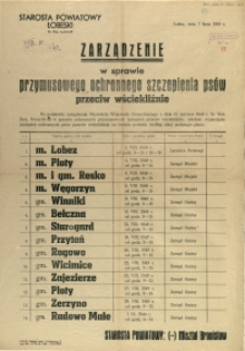 [Afisz] Zarządzenie w sprawie przymusowego ochronnego szczepienia psów przeciw wściekliźnie