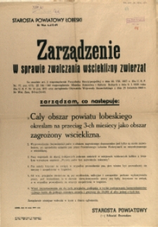 [Afisz] Zarządzenie w sprawie zwalczania wścieklizny zwierząt