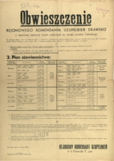 [Afisz] Obwieszczenie Rejonowego Komendanta Uzupełnień Drawsko o częściowej rejestracji rezerw osobowych na terenie powiatu Łobeskiego