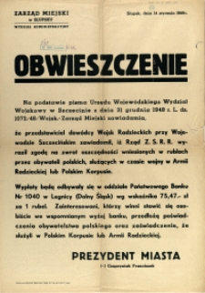 [Afisz] Obwieszczenie : [zwrot oszczędności wniesionych w rublach przez obywateli polskich]