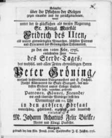 Gedanken über die Pflichten der Seligen gegen einander und die zurückgebliebenen, womit unter der [...] Regierung [...] Fridrich des IIten [...] Exsecutors des Gröningischen Testamentes, zu der am 12ten Febr. 1756. einfallenden Feier des Sterbe-Tages des [...] Peter Gröning [...] des [...] Stifters unsers Collegii illustris [...]