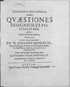 Disputatio Philosophica continens Qvaestiones Insigniores Politicas Sex, Qvam aspirante Summo Numine