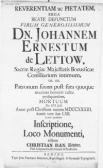 Reverentiam ac Pietatem, Erga Beate Defunctum Virum [...] Dn. Johannem Ernestum de Lettow [...] Mortuum Die XVI. Julii Anno [...] MDCCXXXIII [...]