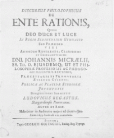 Discursus philosophicus de Ente Rationis, Qvem [...] in Regio Sedinensium Gymnasio