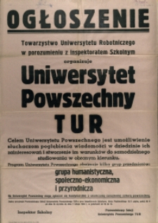 [Afisz] Ogłoszenie : Towarzystwo Uniwersytetu Robotniczego w porozumieniu z Inspektoratem Szkolnym organizuje [...]