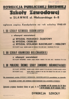 [Afisz. Inc.:] Dyrekcja Publicznej Średniej Szkoły Zawodowej w Sławnie [..]