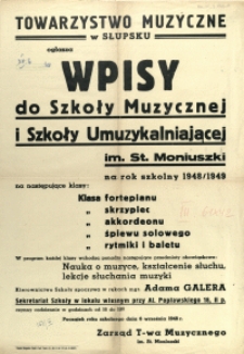 [Afisz. Inc.:] Towarzystwo Muzyczne w Słupsku ogłasza wpisy [...]