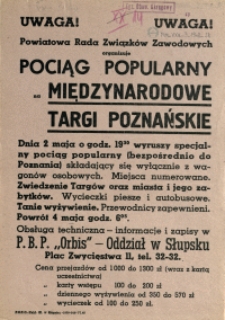 [Afisz] Uwaga! Powiatowa Rada Związków Zawodowych organizuje Pociąg Popularny na Międzynarodowe Targi Poznańskie