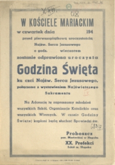 [Afisz. Inc.:] W Kościele Mariackim [...] zostanie odprawiona uroczysta Godzina Święta [...]