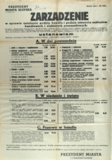 [Afisz] Zarządzenie w sprawie ustalenia godzin handlu i godzin otwarcia zakładów handlowych i niektórych przemysłowych