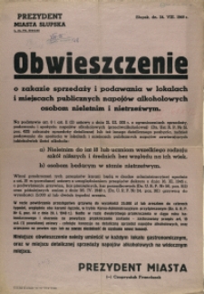 [Afisz] Obwieszczenie o zakazie sprzedaży i podawania w lokalach i miejscach publicznych napojów alkoholowych osobom nieletnim i nietrzeźwym