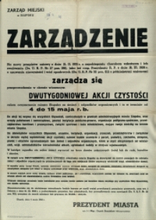 [Afisz] Zarządzenie : [dwutygodniowa akcja czystości]