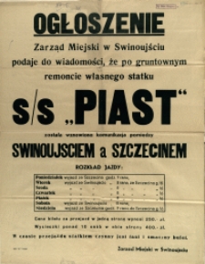 [Afisz. Inc.:] Ogłoszenie : Zarząd Miejski w Swinoujściu podaje do wiadomości [...]