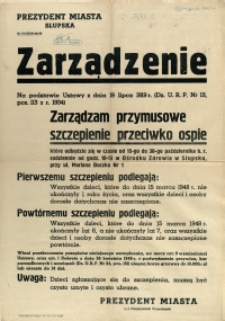 [Afisz] Zarządzenie : [przymusowe szczepienie przeciwko ospie]