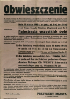 [Afisz] Obwieszczenie : [rejestracja świń]