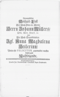 Der angestellten Hochzeit-Lust Des Hoch-Edlen etc. Herrn [...] Johann M&uuml;llers, Utr. Mfd. Doct. &c. und Der [...] Jgf. Anna Magdalena Heilerinn [...] beytragen Nachfolgende