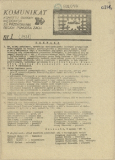 Komunikat Komitetu Obrony Więzionych za Przekonania Region Pomorza Zach. 1981 nr 1