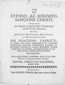 De Effuso, Ac Resumto, Sangvine Christi, Diaskepsin, In Regii Carolini Gymnasii Auditorio Majore