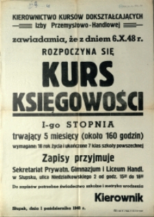 [Afisz. Inc.:] Kierownictwo Kursów Dokształcających Izby Przemysłowo-Handlowej zawiadamia [...]