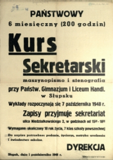 [Afisz. Inc.:] Państwowy 6 miesięczny (200 godzin) Kurs Sekretarski [...]