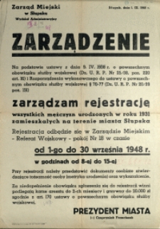 [Afisz] Zarządzenie : [rejestracja mężczyzn urodzonych w roku 1931]