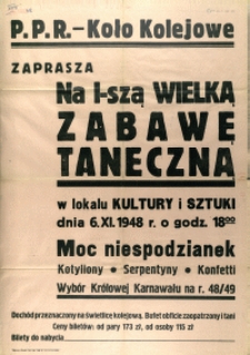 [Afisz] P.P.R. - Koło Kolejowe zaprasza na 1-szą wielką zabawę taneczną