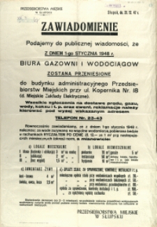[Afisz] Zawiadomienie : [Biura Gazowni i Wodociągów zostaną przeniesione]