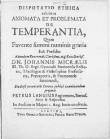 Disputatio Ethica exhibens Axiomata et Problemata de Temperantia