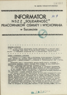 Informator NSZZ "Solidarność" Pracownik&oacute;w Oświaty i Wychowania w Szczecinie. [1981 nr 9]