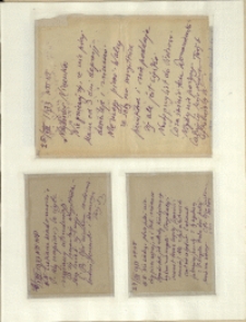 Listy Stanisława Ignacego Witkiewicza do żony Jadwigi z Unrugów Witkiewiczowej. List z 25.08.1933. Kartka pocztowa z 26.08.1933. Kartka pocztowa z 27.08.1933.