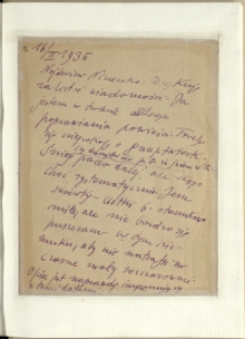 Listy Stanisława Ignacego Witkiewicza do żony Jadwigi z Unrugów Witkiewiczowej. List z 16.02.1935.