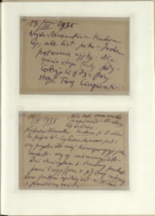 Listy Stanisława Ignacego Witkiewicza do żony Jadwigi z Unrugów Witkiewiczowej. Kartka pocztowa z 13.03.1935. Kartka pocztowa z 15.03.1935.