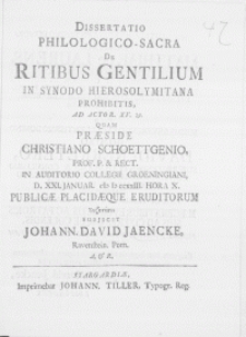 Dissertatio Philologico-Sacra De Ritibus Gentilium in Synodo Hierosolymitana Prohibitis, Ad Actor. XV. 29.